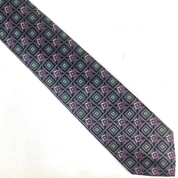 XMI Platinum Necktie Mens Gray Pink Geometric 100% Silk Tie - Picture 1 of 6